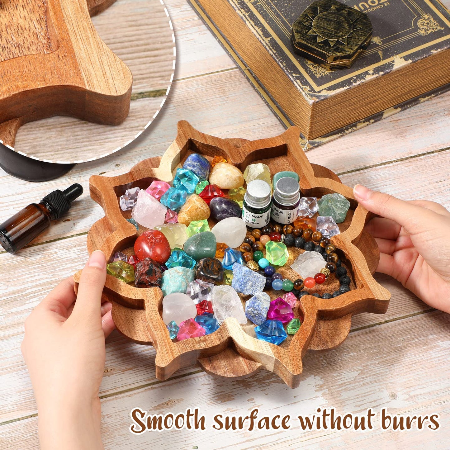 Vesici Lotus Crystal Tray for Stones Crystals and Healing Stones Flower Wooden Crystal Storage Holder Tray Lotus Shape Decorative Jewelry Display Trays Organizer Bowl Decor(Elegant)