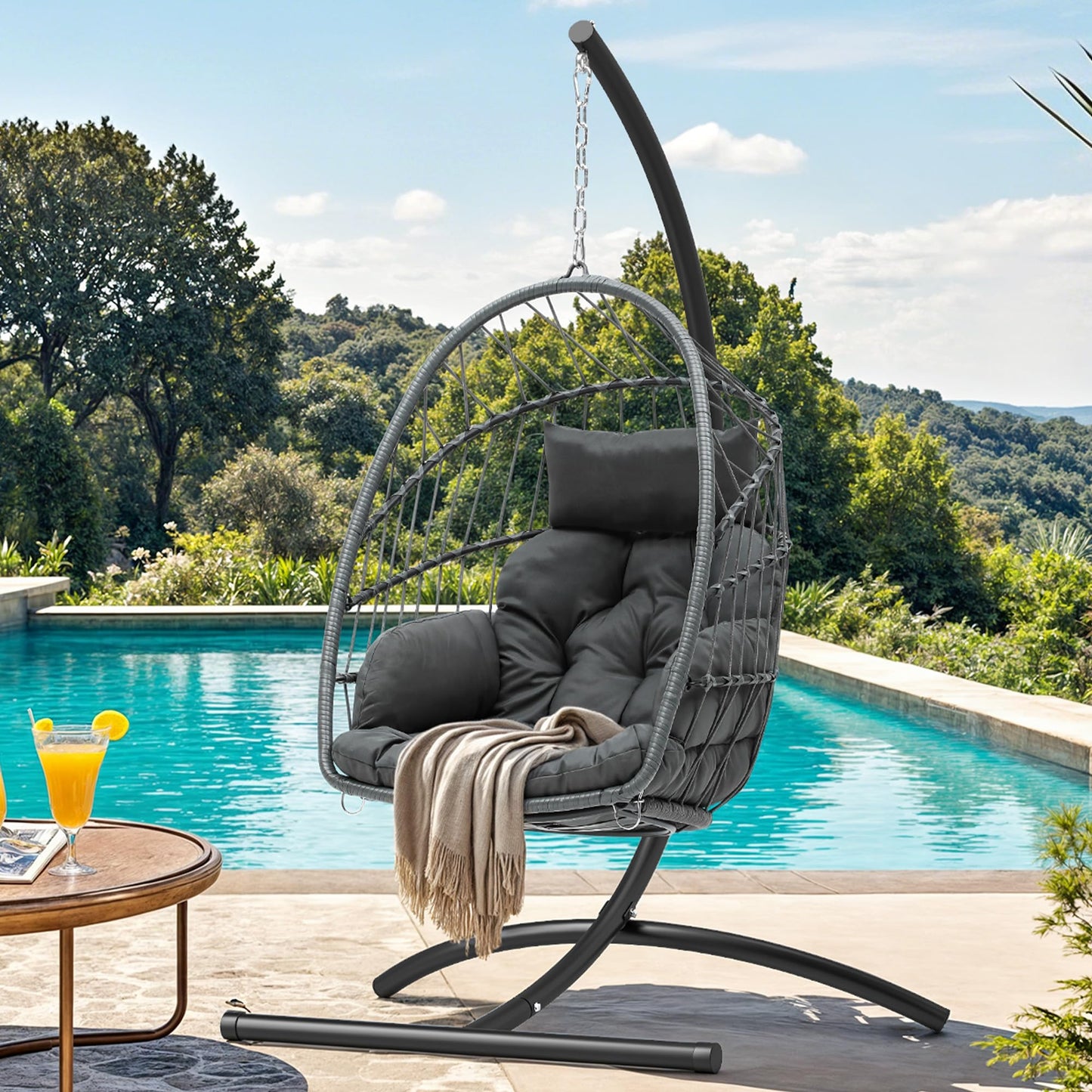 YITAHOME Hanging Egg Chair, Outdoor Patio Wicker Hammock Egg Chair Indoor with Cushion, Rattan Swing Chair 300lbs for Balcony, Garden Bedroom, Gray with Stand