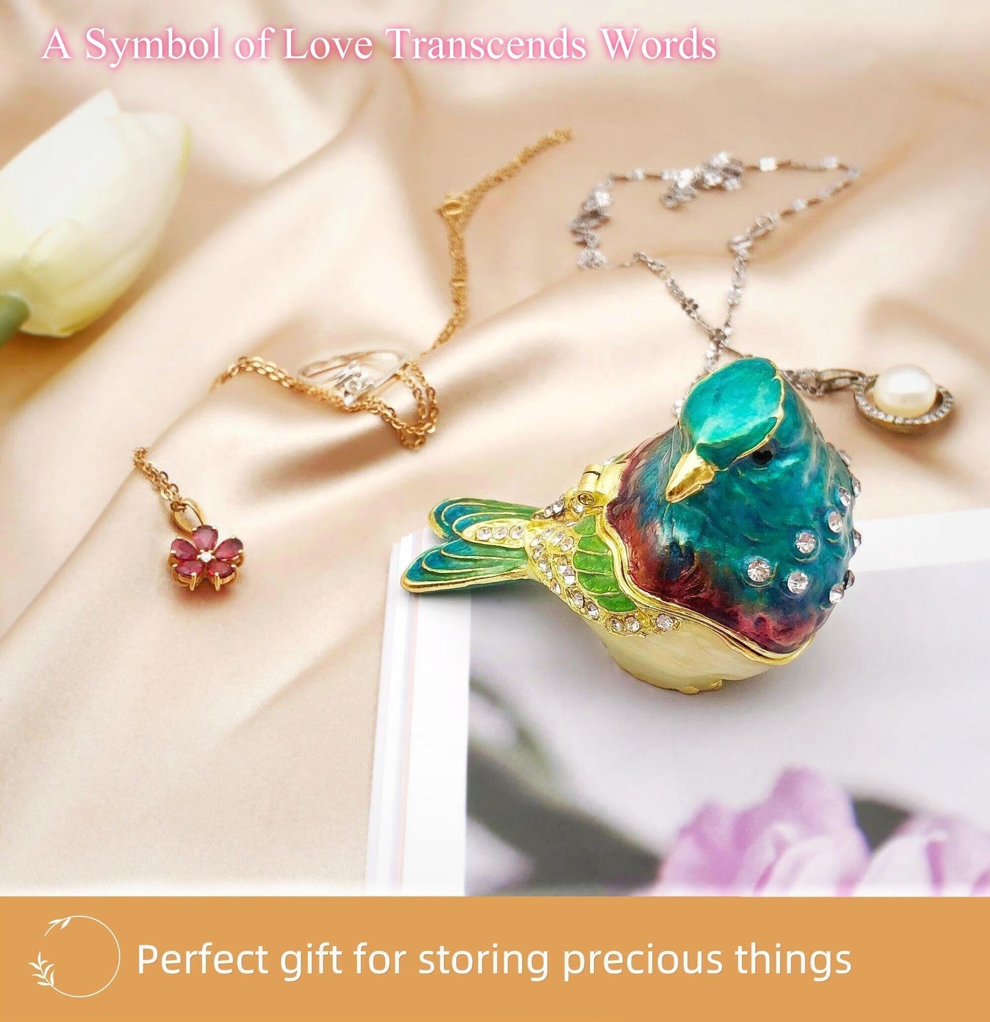 JWT Astyle Turquoise Green Bird Trinket Boxes Hinged,Bird Decor with Crystals Enamel Jewelry Box.Necklace Ring Box Earrings Storage.Collectible Birds Lover Gifts Figurines Home Decor
