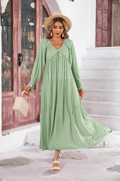 R.Vivimos Maxi Dress for Women Long Sleeve V Neck Empire Waist Layered Ruffle Boho Casual Flowy Long Dresses