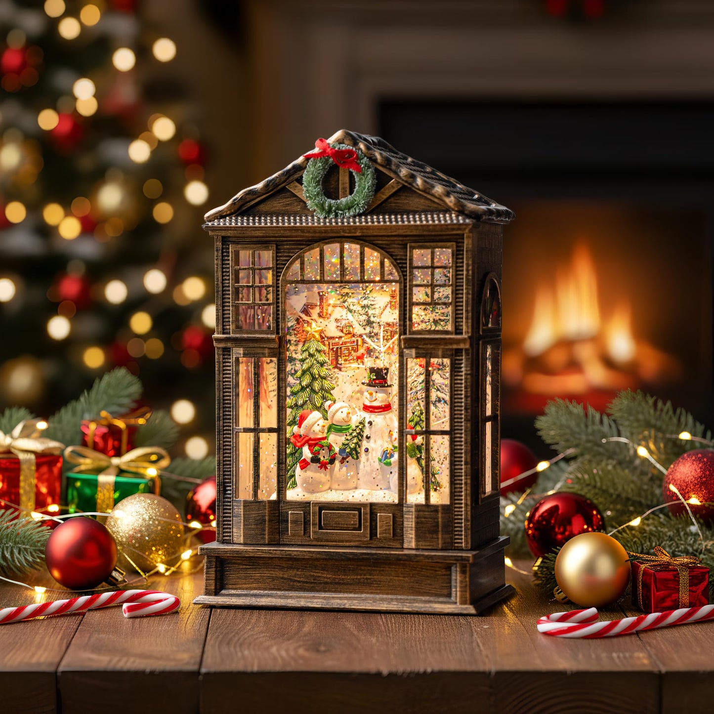 Christmas Snow Globe Swirling Glittering Snowman Choir Manger Scene, USB Lined/Battery Operated Lighted Snowman Carolers Musical Water Lantern for Christmas Festival Decoration Gifts