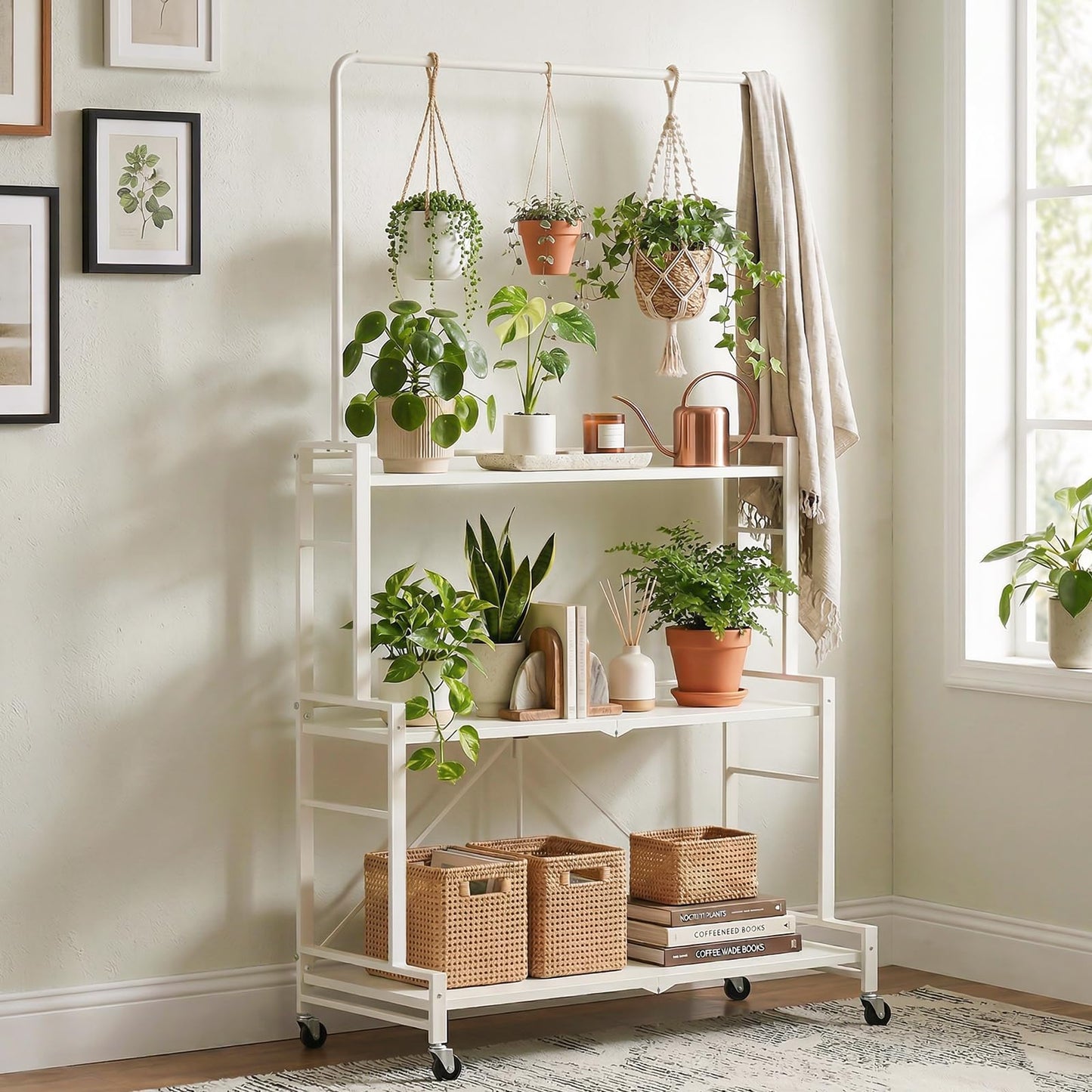 Plant Stand, 4-Tier Foldable Plant Shelf with 3 Shelves and Hanging Rod, Rolling Plant Stand with Wheels, No Assembly Flower Pot Stand for Indoor Outdoor, Sturdy Anti-Tip Plant Rack (Cream White)