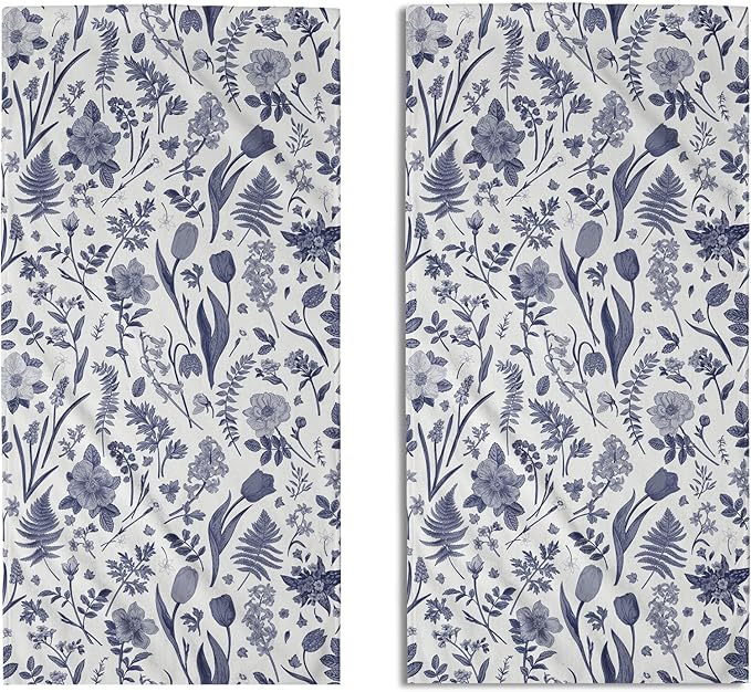 Spring Floral Hand Towels for Bathroom Set of 2 Blue White Flower Leaves