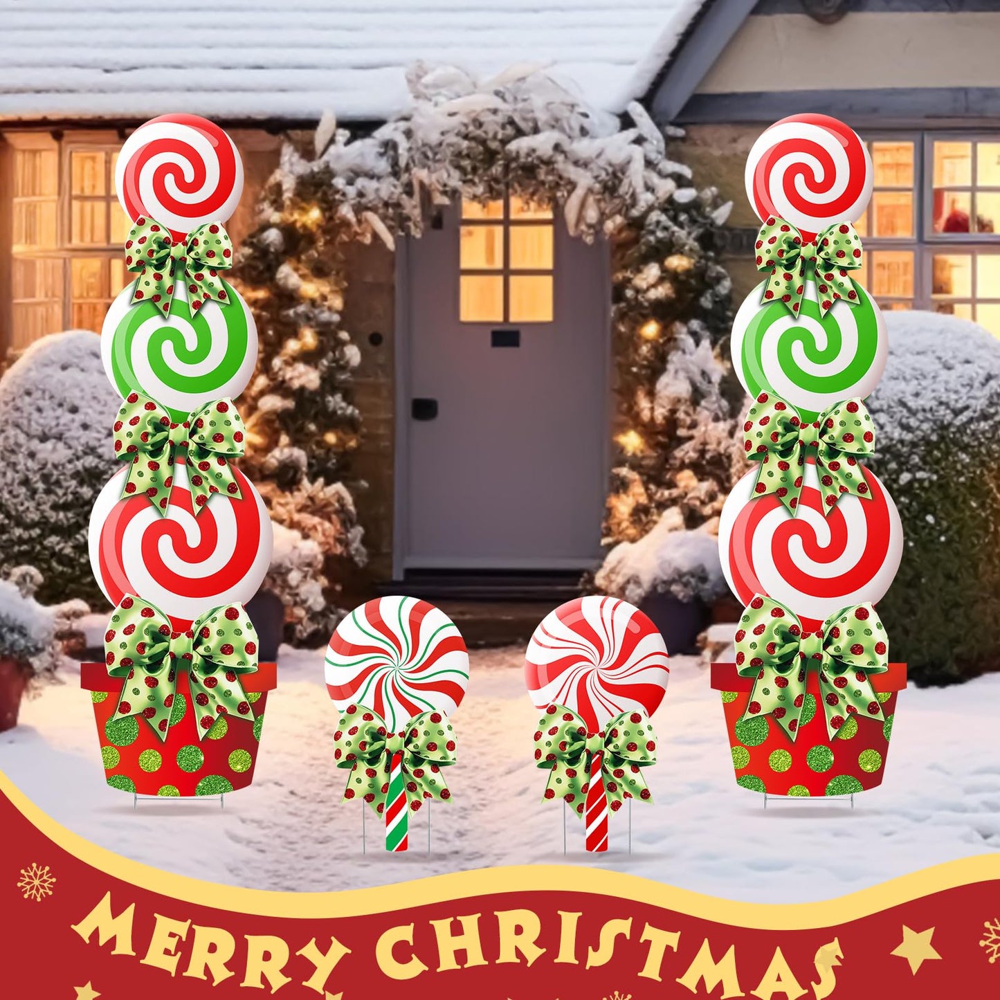 Meonum 4 Pcs Peppermint Candy Christmas Decorations Outdoor Large Christmas Yard Stakes Lime Green and Red Xmas Candy Garden Lawn Signs with Stakes and Bow for Home Pathway Walkway Party Decor(Red)