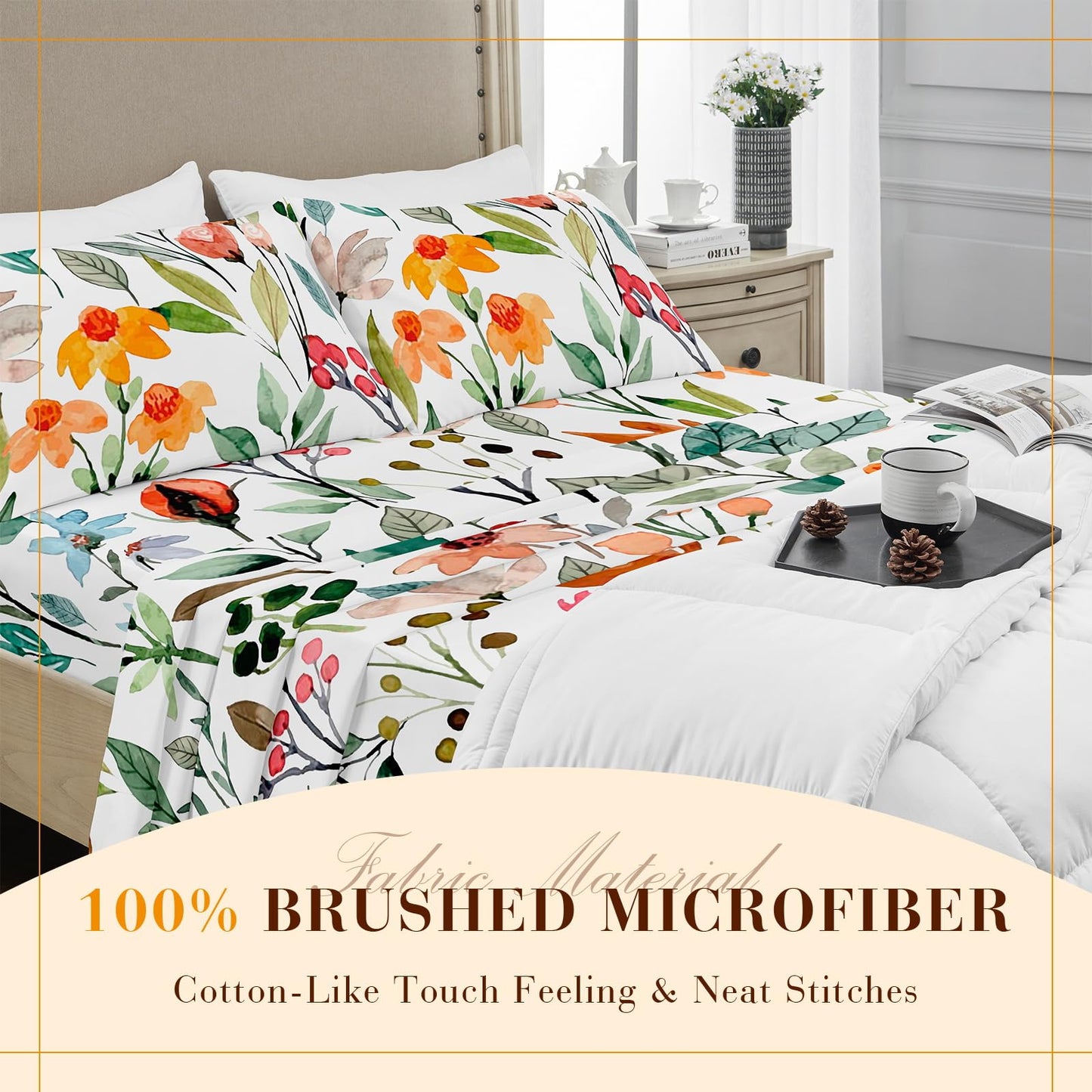 YIYEA Floral Sheets Twin Size, Premium Double Brushed Microfiber Bed Sheet Set for All Season, Soft Breathable, 16" Deep Pocket, Shrinkage and Fade Resistant, 3PC, Twin