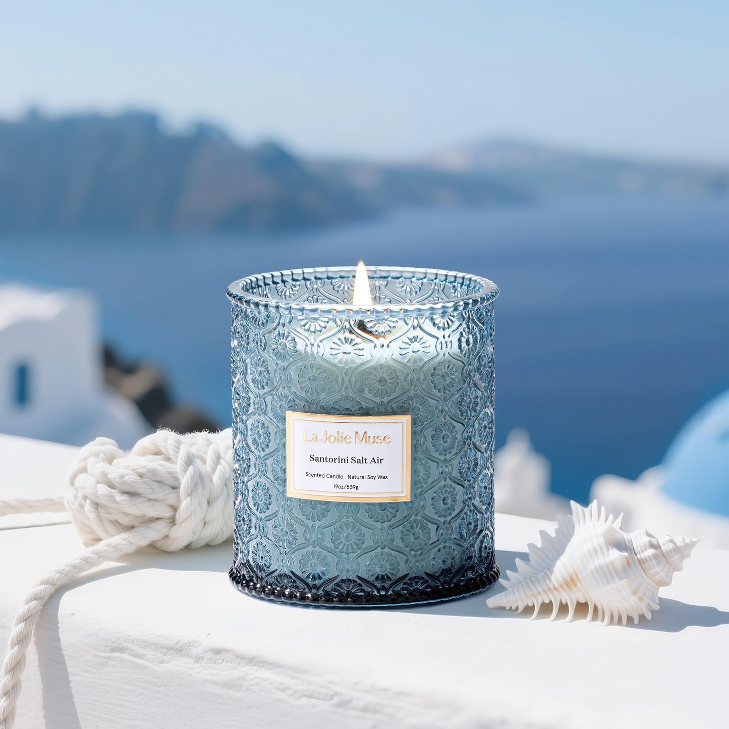 LA JOLIE MUSE Santorini Salt Air Scented Candle for Home | 19 oz Non Toxic Natural Soy | Large Blue Jar Candle | Summer Ocean Candle | Luxury Gifts for Women & Men | Wood Wick