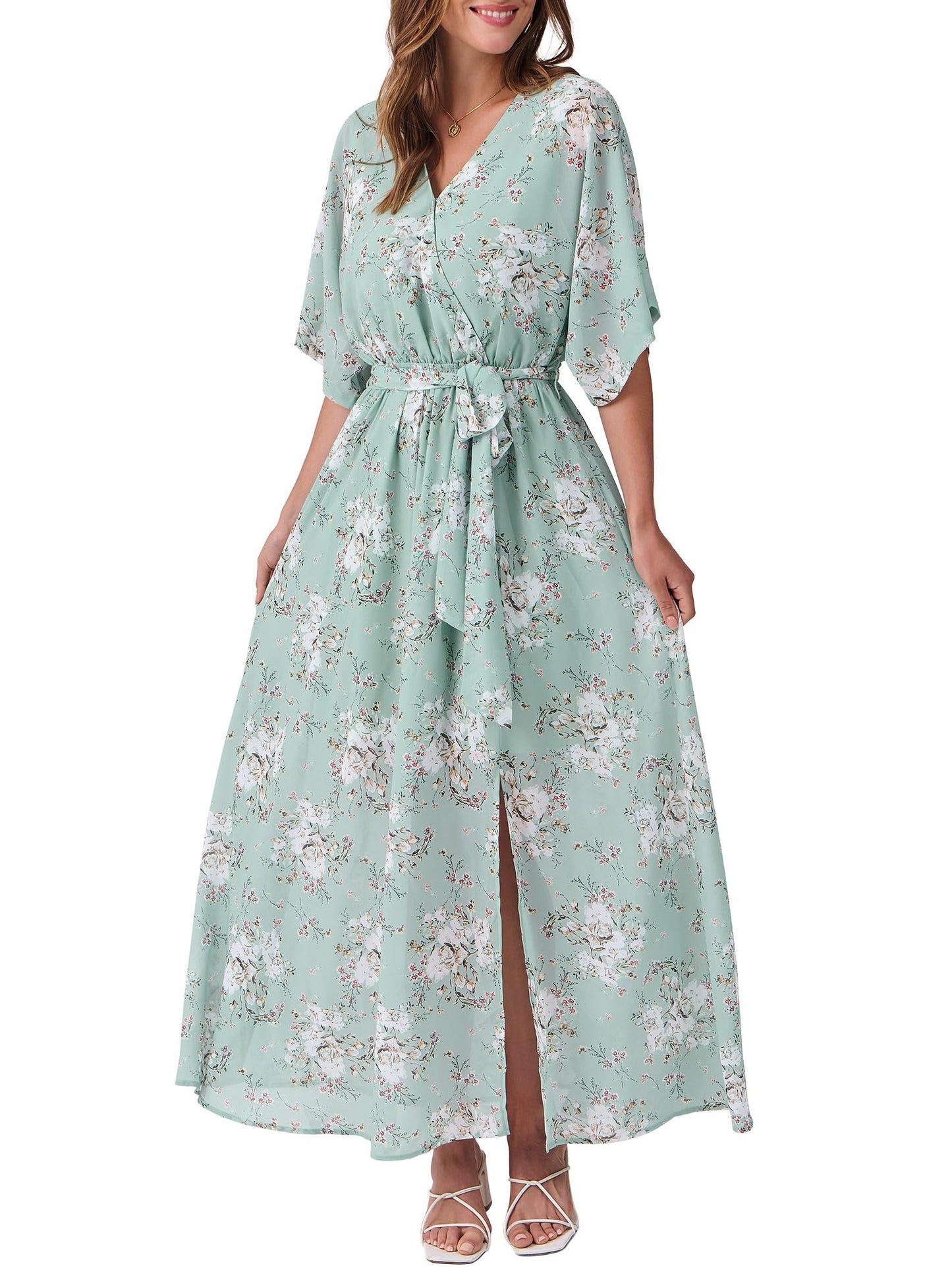 ANRABESS Womens 1/2 Sleeve Beach Wedding Guest Maxi Dresses 2025 Fall Wrap V Neck Boho Floral Flowy Slit Long Summer Dresses
