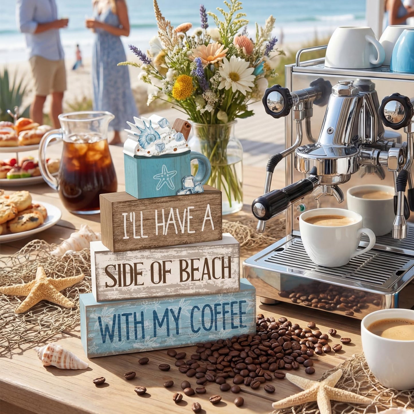 Lineshading 4 Pcs Summer Table Decorations Beach Coffee Bar Wooden Block Sign Blue Rustic Coastal Tiered Tray Decor with Coffee Cup Summer Centerpieces Decor for Beach Nautical Party Office Home