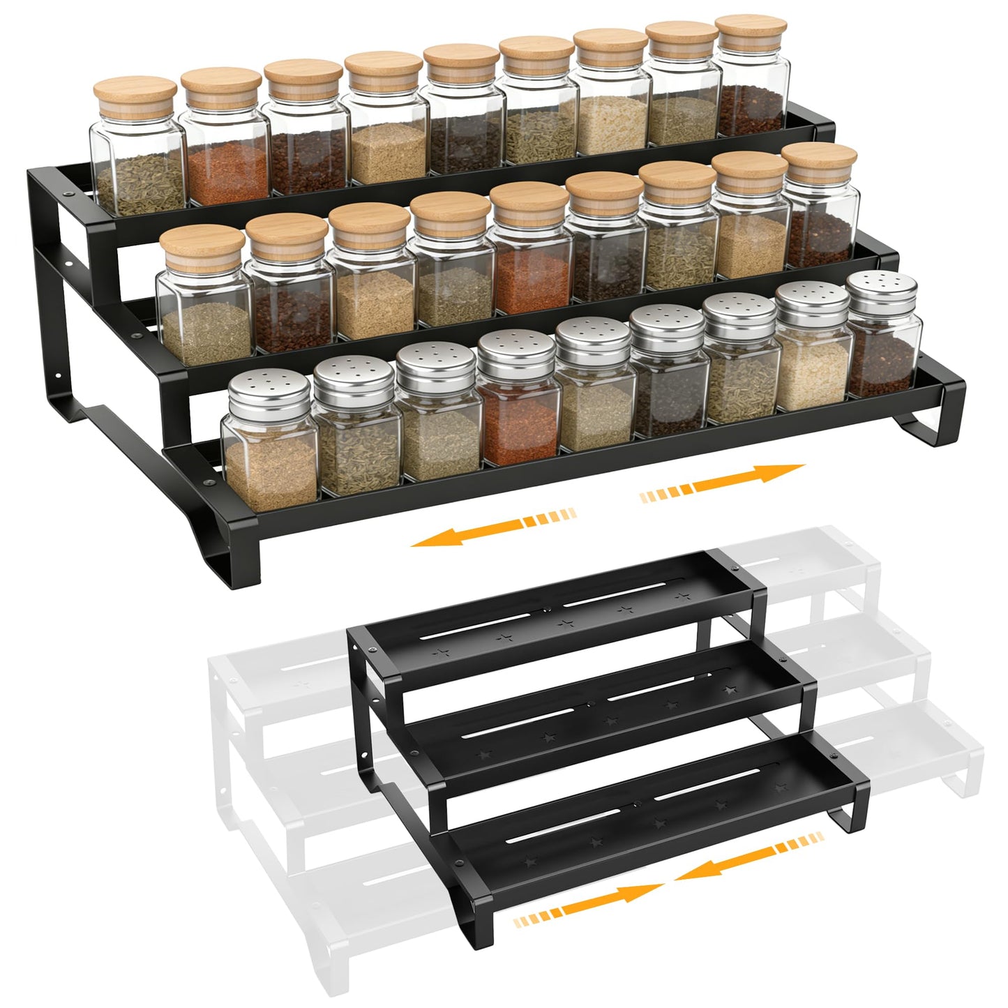 PEEKUP 3-Tier Spice Rack Organizer, 13"-21.5" Expandable Spice Organization Shelf, Metal Seasoning Organizer for Kitchen Countertop or Pantry, Slip-Resistant Design for Jars and Bottles, Black