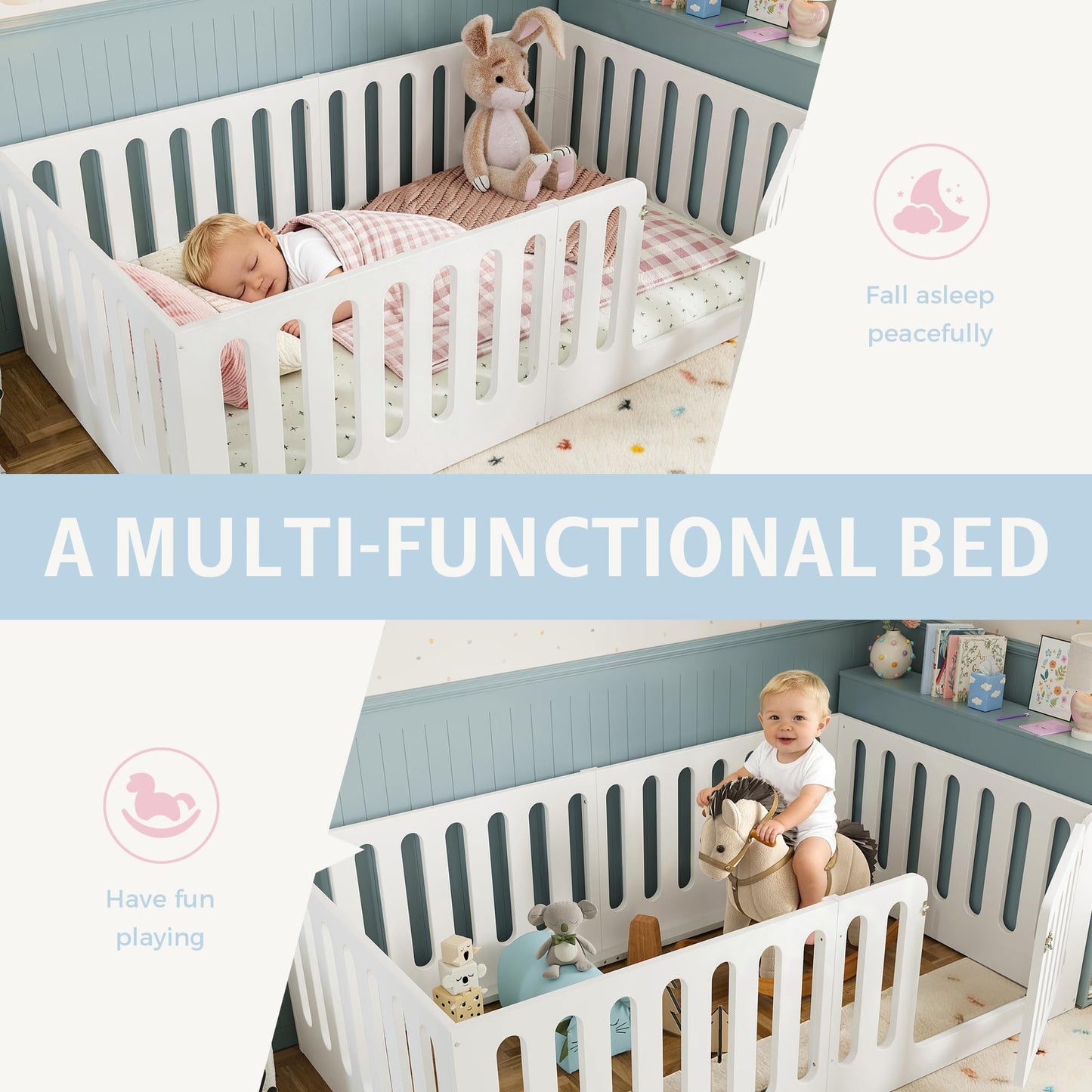 GDFStudio Twin Size Montessori Floor Bed with Door, Solid Wood Kids Floor Bed Frame, Low Profile No Box Spring Needed, House Style Design, Sturdy Slat Support, Light White Finish
