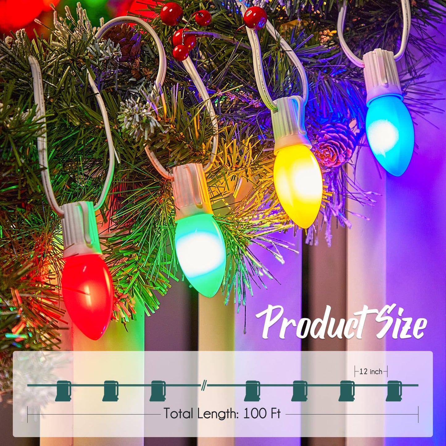 Brightown C9 Light Strand 100 FT for E17-12 Spacing, Outdoor String Light Christmas Stringer with 100 Sockets for Patio (White)