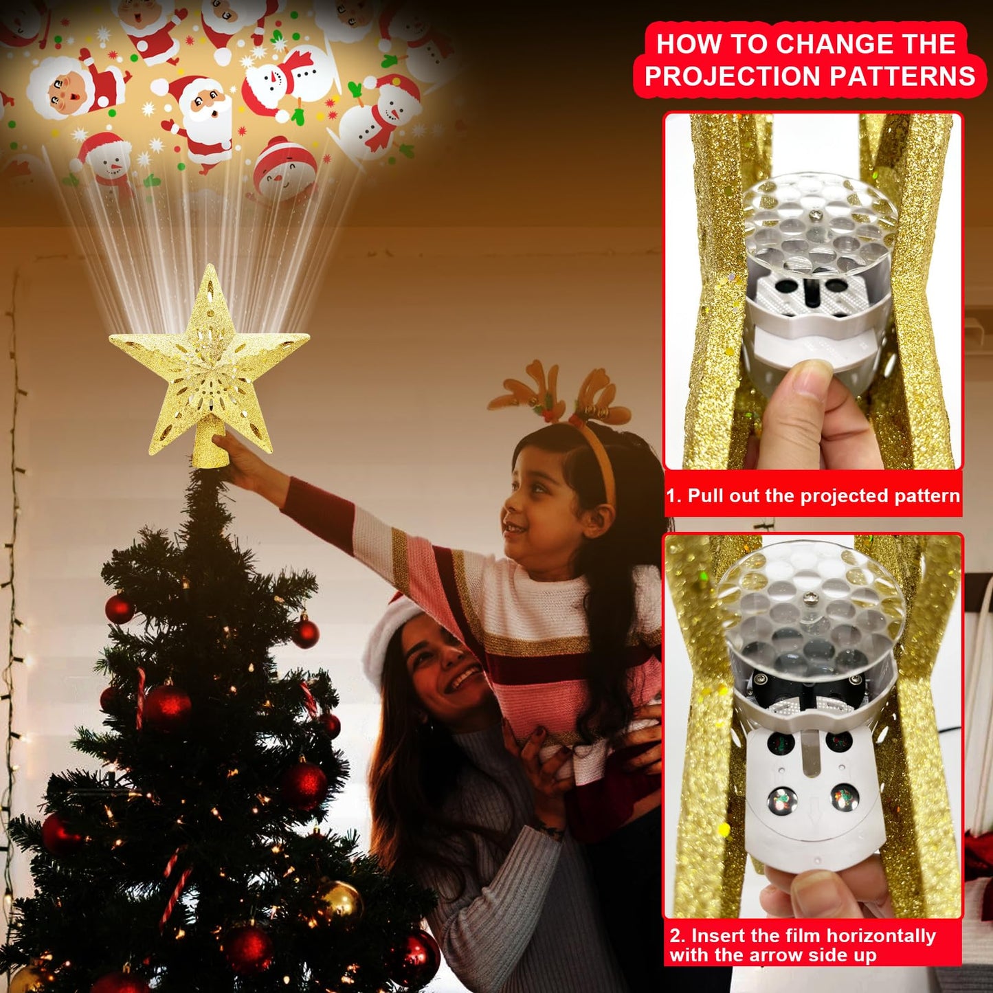 10" Christmas Tree Topper Star Lighted with 6 Projection Modes, Light Up Christmas Tree Topper Built-in LED Rotation Light, 3D Glitter Dynamic Projector Tree Top for Xmas Party Decorations Gift