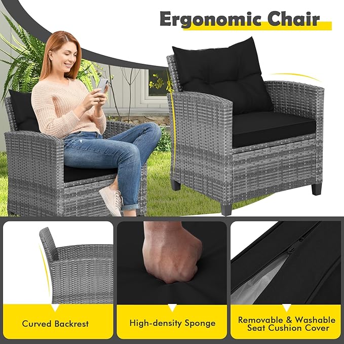 HAPPYGRILL 3 Pieces Patio Conversation Set, Outdoor Furniture Set PE Rattan