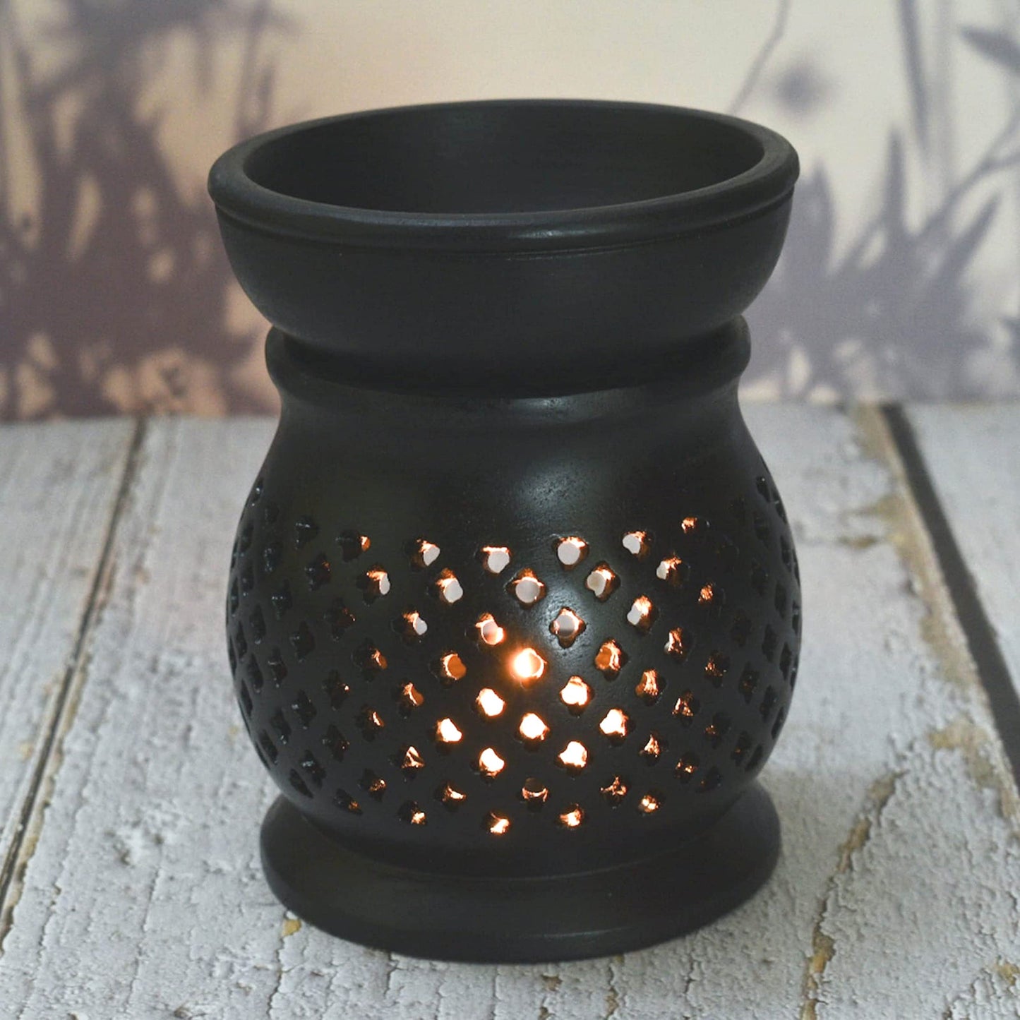 Oil Burner Aroma Diffuser|Soapstone Tea Light Holder|Black Hand Carved Jali Work|Soapstone|for Aromatherapy- 5 inch (Design 1)