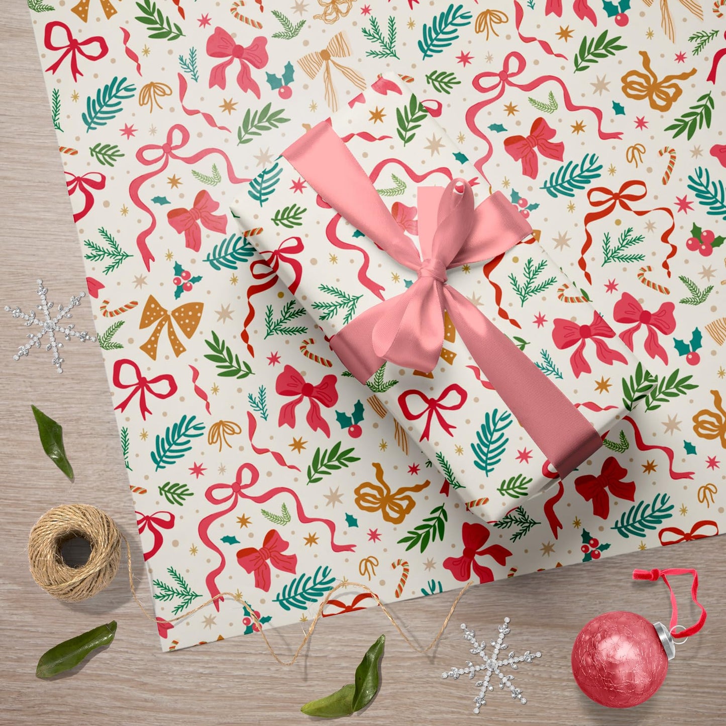 GIOLNIAY Christmas Bows Wrapping Paper for Girls Boys Kids - Holiday Gift Wrap with Ribbons, Red Bows, Winter Foliage Design - 4 Jumbo Sheets, 28″×40″ Each, Easy to Store