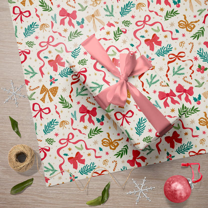 GIOLNIAY Christmas Bows Wrapping Paper for Girls Boys Kids - Holiday Gift Wrap with Ribbons, Red Bows, Winter Foliage Design - 4 Jumbo Sheets, 28″×40″ Each, Easy to Store