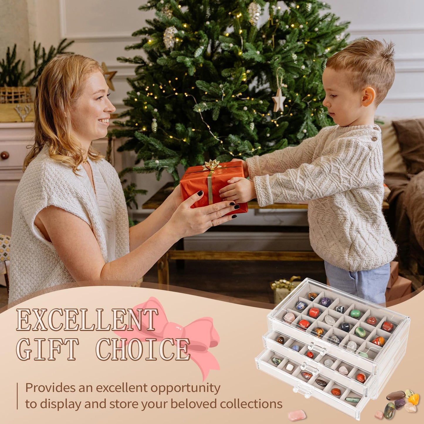 Bfttlity Acrylic Rock Display Case,54 Grids Rock Collection Box for Kids with Mini Magnifying Glass and Gloves, Clear Display Cases for Stones Collectibles Gemstone Crystals Storage Boxes