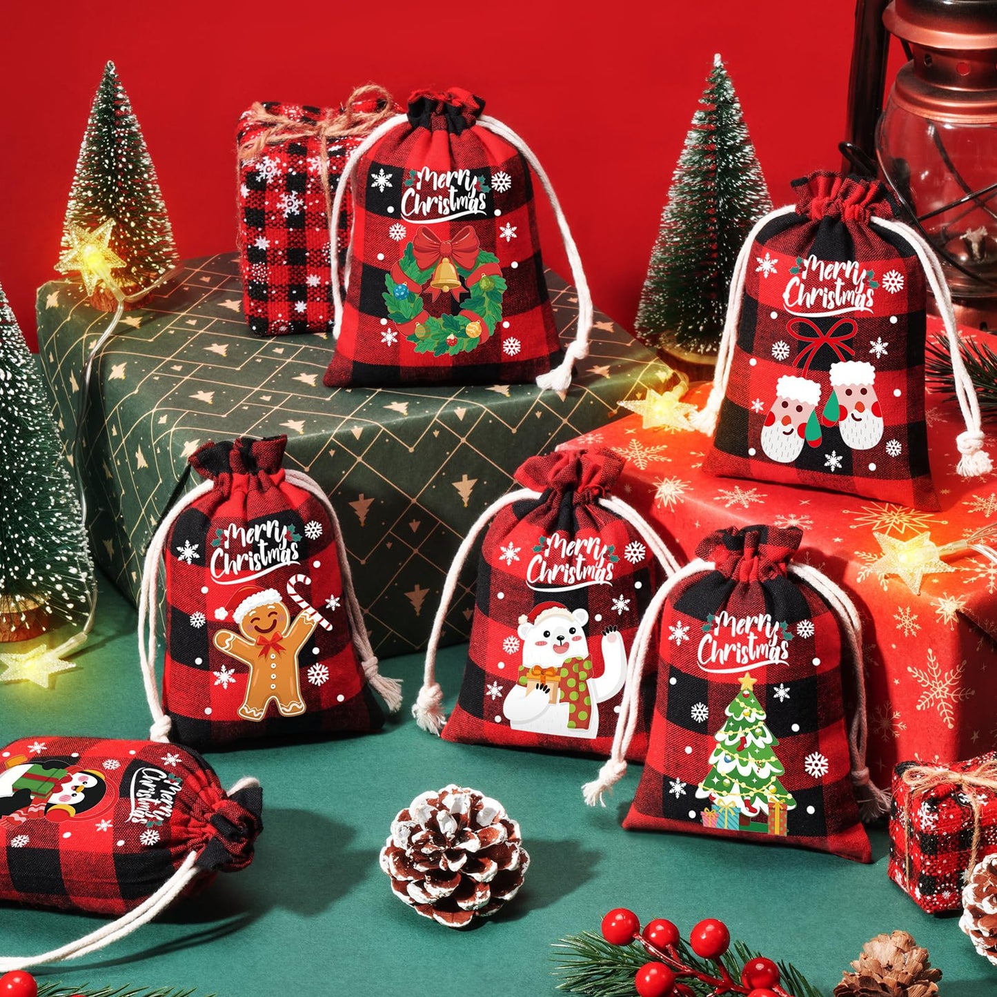 FLOE 36Pcs Burlap Christmas Drawstring Bags Buffalo Plaid Xmas Gift Bags Burlap Xmas Candy Bag Small Christmas Linen Goody Gift Sacks Treat Sacks Reusable Gifts Wrapping Bag Holiday Party Favors