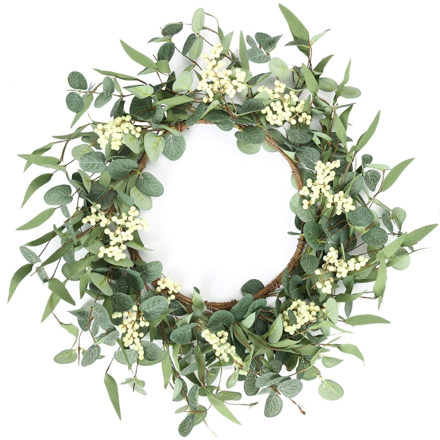 Eucalyptus Wreath, 20" White Berries Artificial Greenery Olives Leaves Spring Wreath,Holiday Large Front Door Wreath for Porch Outdoor Farmhouse Window Wedding Wall Home Decoration