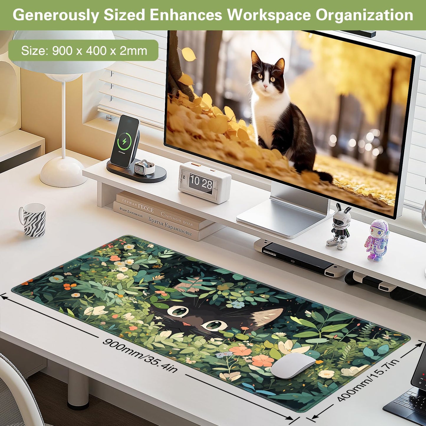 Abetcabe Gaming Mouse Pad, Large Mouse Mat XXL 35.4×15.7 inch, Cute Cat Extended Mousepad with Non-Slip Rubber Water-Resistant surface for PC, Laptop, Mouse and Keyboard