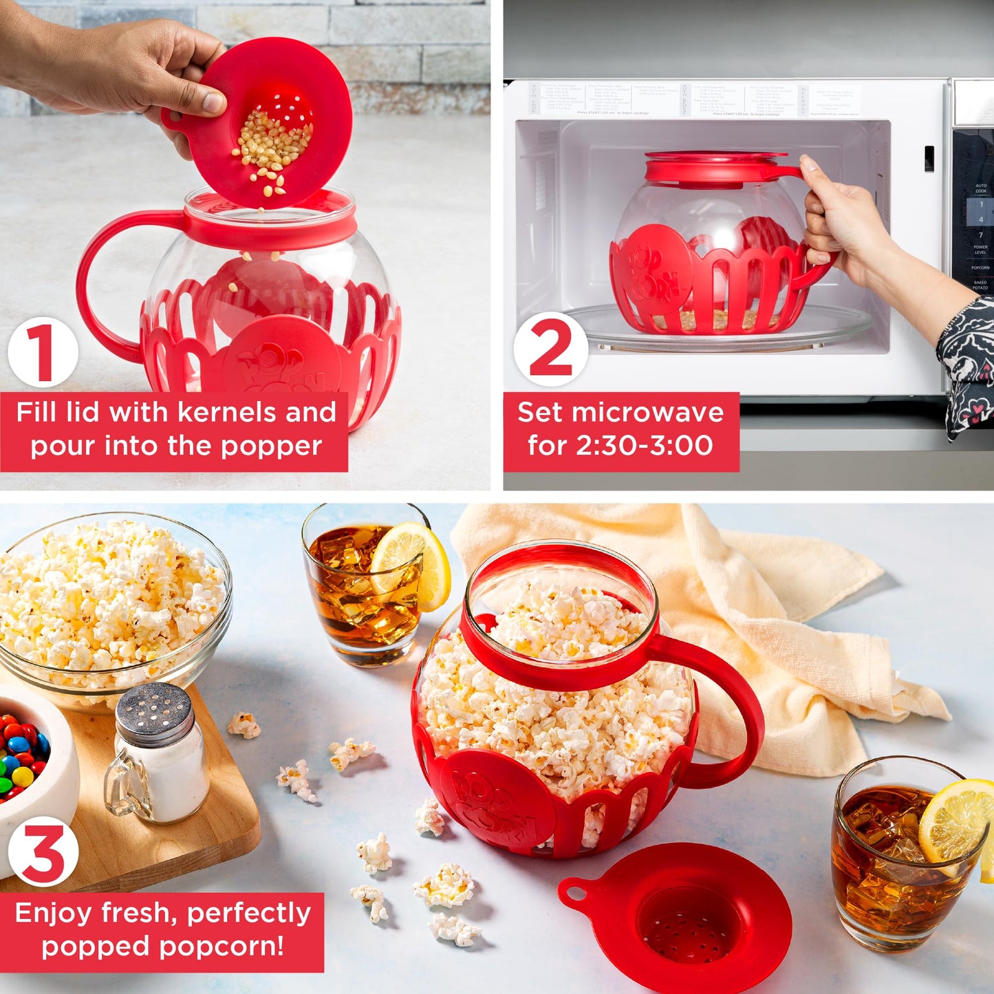 Ecolution Patented Micro-Pop Microwave Popcorn Popper with Temperature Safe Glass, 3-in-1 Lid Measures Kernels and Melts Butter, Made Without BPA, Dishwasher Safe, 3-Quart, Aqua