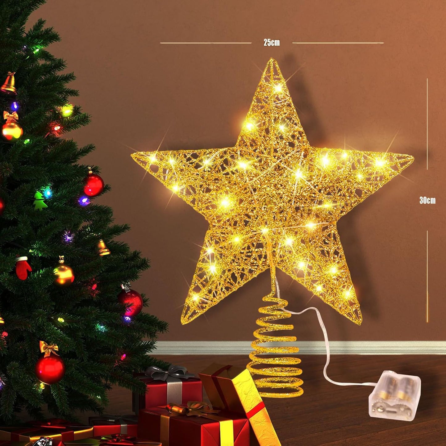 8 inch Christmas Tree Toppers Gold Glitter Star Metal Lighted with 20 LED Lights for Xmas Decorations, Holiday Party Indoor Bar Office Decor
