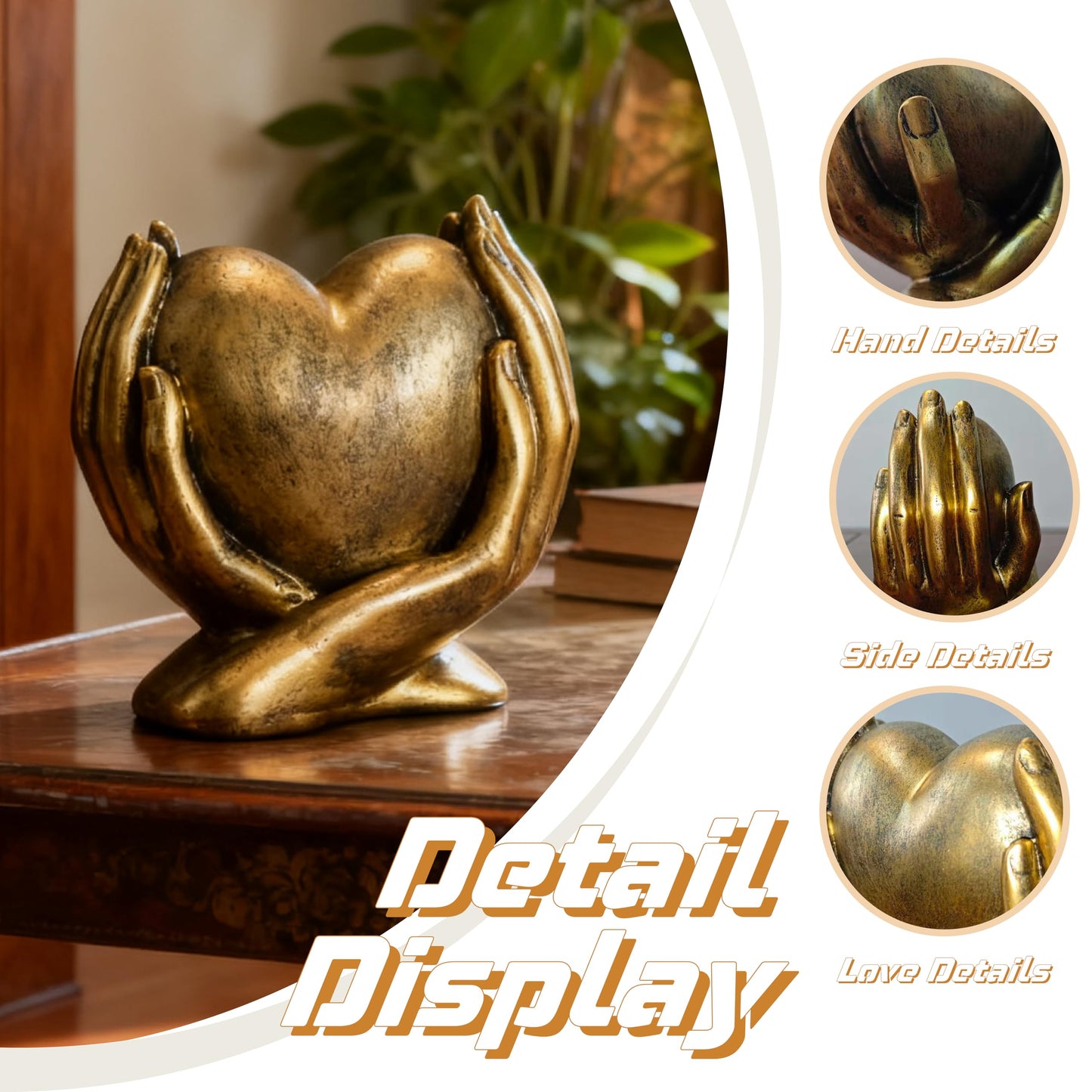 Gold Heart Hands Sculpture Boho Home Decor Accents Love Statue Living Room Decoration, Ideal for Coffee Table, Shelves, Home, Bedroom, Birthday, Wedding Love Table Decor