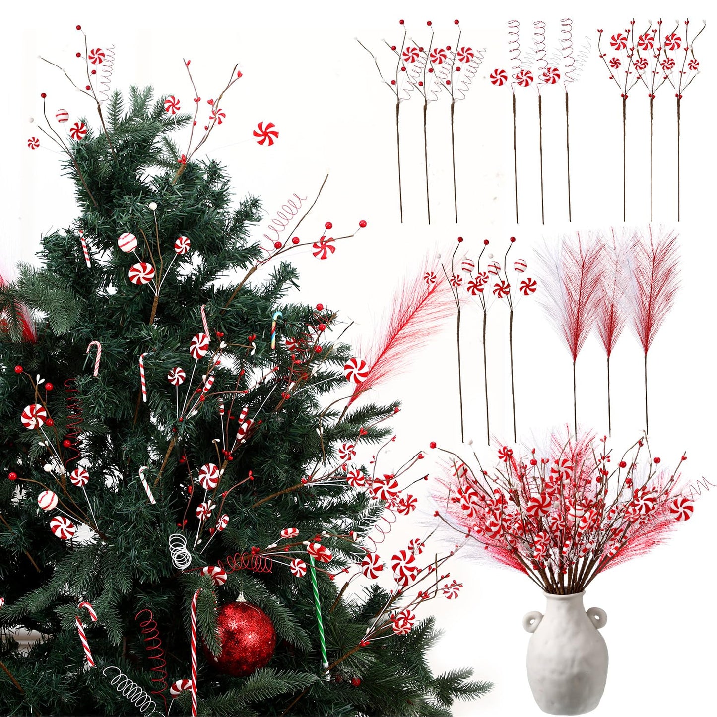 24 Pcs Christmas Candy Cane Picks Berry Lollipop Christmas Decoration 16 Inch Red and White Candy Cane Stem Christmas Tree Pick for Xmas Decor DIY Home Vase Filler Craft Wreath Holiday Party Ornament