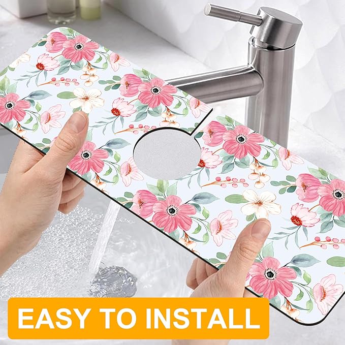 2 Pack Watercolor Floral Sink Faucet Absorbing Mat White Pink Flowers Super