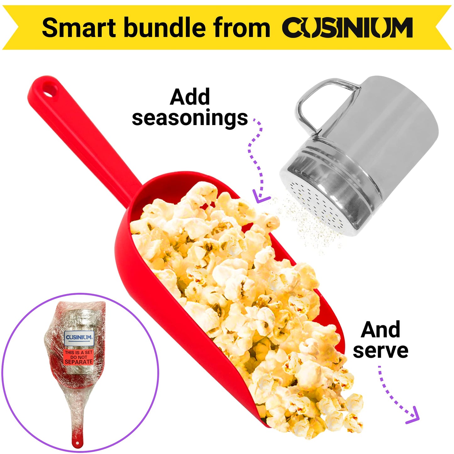 CUSINIUM Red Popcorn Plastic Scoop with Popcorn Salt Shaker (Handle, Plastic Cap) - Popcorn Concession Supplies Bundle