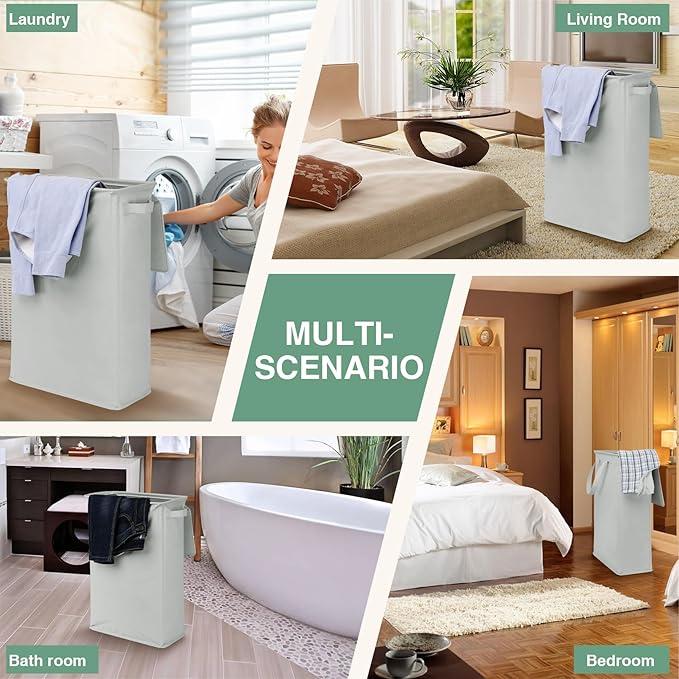 Slim Laundry Basket with Lid and Handles, Foldable Laundry Basket