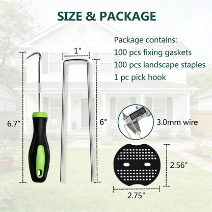 6 Inch 100 PCS Galvanized Landscape Staples with 100 PCS Gasket, Landscape Fabric Pins Stakes Lawn Ground Cover Graden Staples Spikes Weed Barrier Stakes