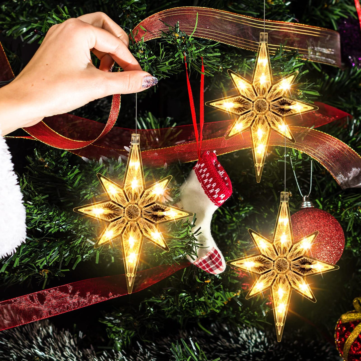 VIHOSE 6 Pcs 10.6 Inch Bethlehem Christmas Window Lights Plastic LED Lighted Christmas Window Silhouette Lights Large Hanging Xmas Tree Ornaments (Yellow)