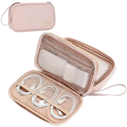 NISHEL Travel Cord Organizer Case, Double Layers Tech Electronic Bag, Essentials for Charger, Cable, Phone, Flash drive, Pink