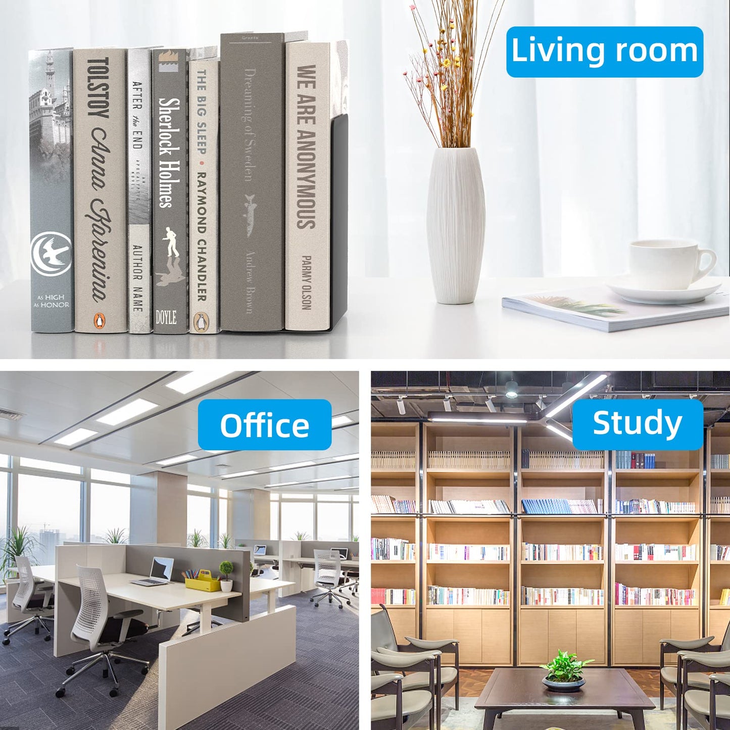 VFINE Metal Bookends 2 Pairs, Black Book Ends, Bookends for Shelves, Book Stopper for Heavy Books, Book Dividers for Home Office School Supplies