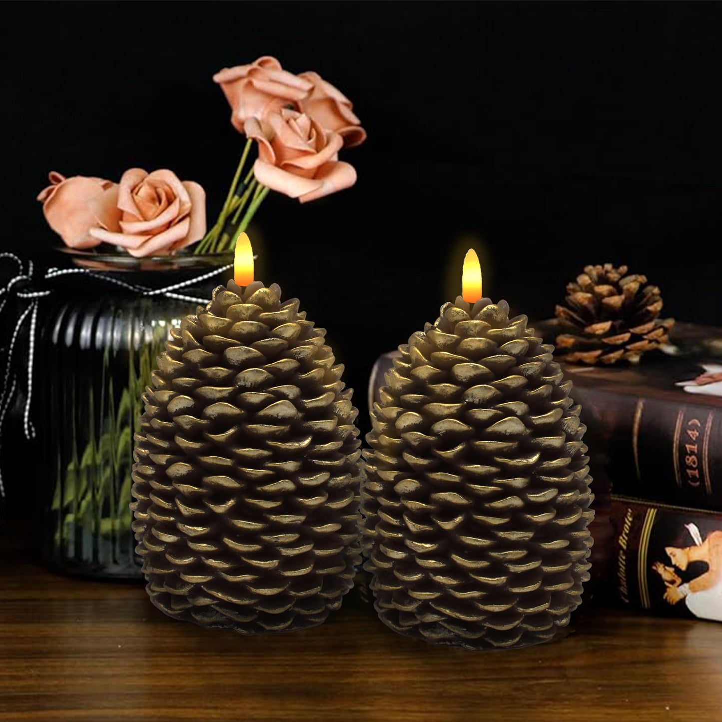 CVHOMEDECO. Pine Cone Candles Battery Operated Pinecones with Remote and Timer, Pine Cones Candle LED Flameless Flickering Candles for Fall, Christmas Decor. Golden-Brown, H 6.5 Inch, Pack of 2