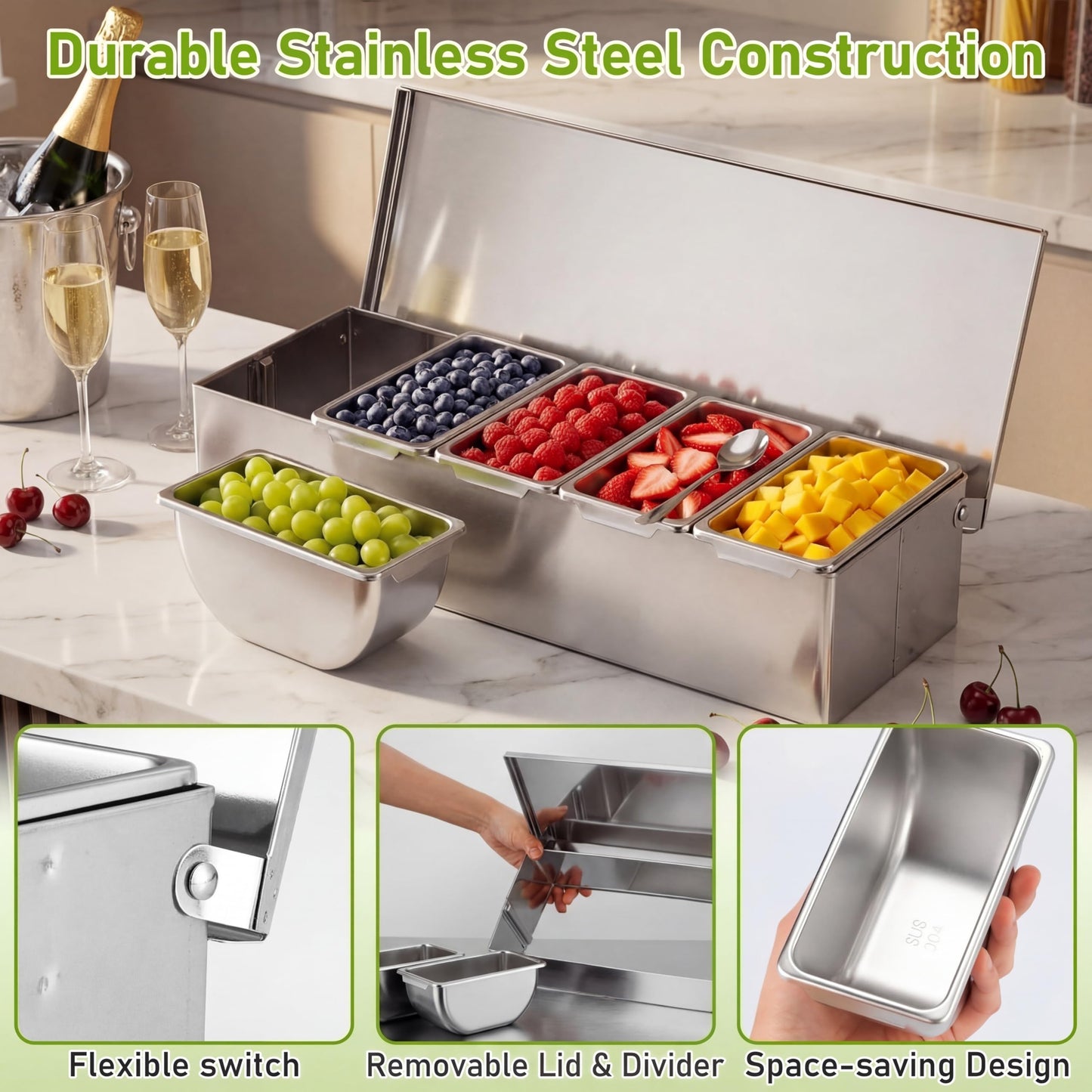 Ferrochef 5 Compartments Stainless Steel Chilled Condiment Tray, Garnish Tray with 5 Removable Compartments, Condiment Dispenser with Lid, Fruit Serving Containers