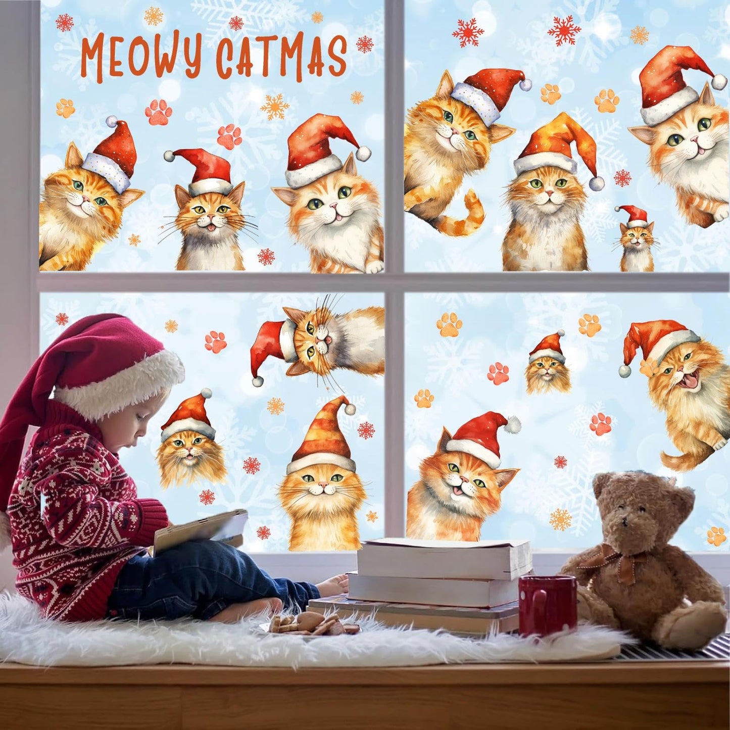 Christmas Window Clings Decoration Indoor Xmas Cat Stickers Double-Sided Merry Christmas Window Decals for Glass Windows Xmas Snowflake Decals for Winter Holiday Kids Bedroom Home Party Supplies