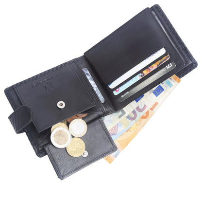 ODS:UK Mens RFID Blocking Safe Soft Leather Tri Fold Wallet Card Slots Id Window and Coin Pocket (Jet Black Carbon)