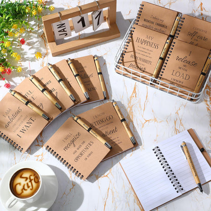 Pasimy 24 Pcs/12 Set Bulk Positive Affirmation Spiral Notebooks with Bamboo Pen Daily Affirmation Gift Set Motivational Encouragement Notepad Small Journals 5.5 x 3.9 Inch for Women Self Care