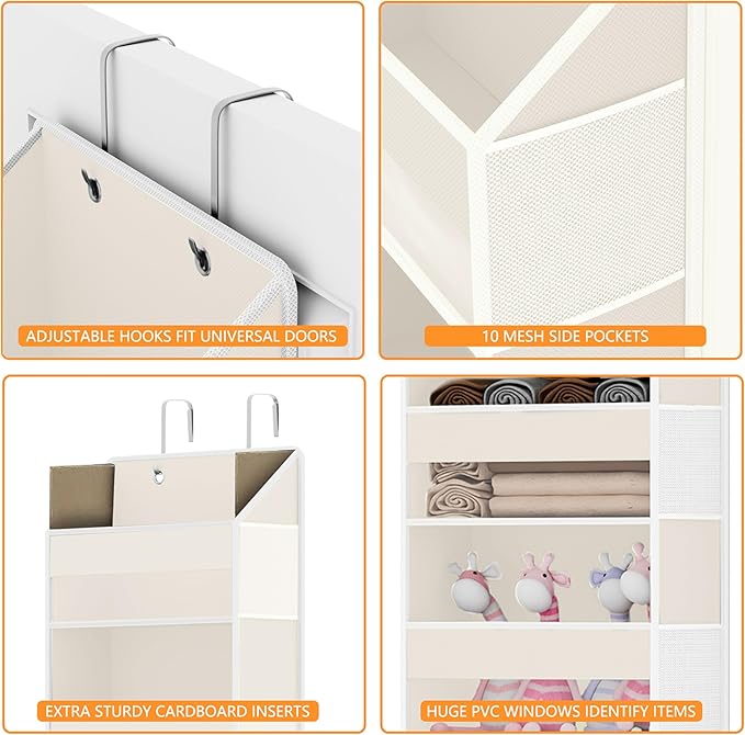 Over Door Organizer with 5 Large Pockets & 10 Mesh Side Compartments