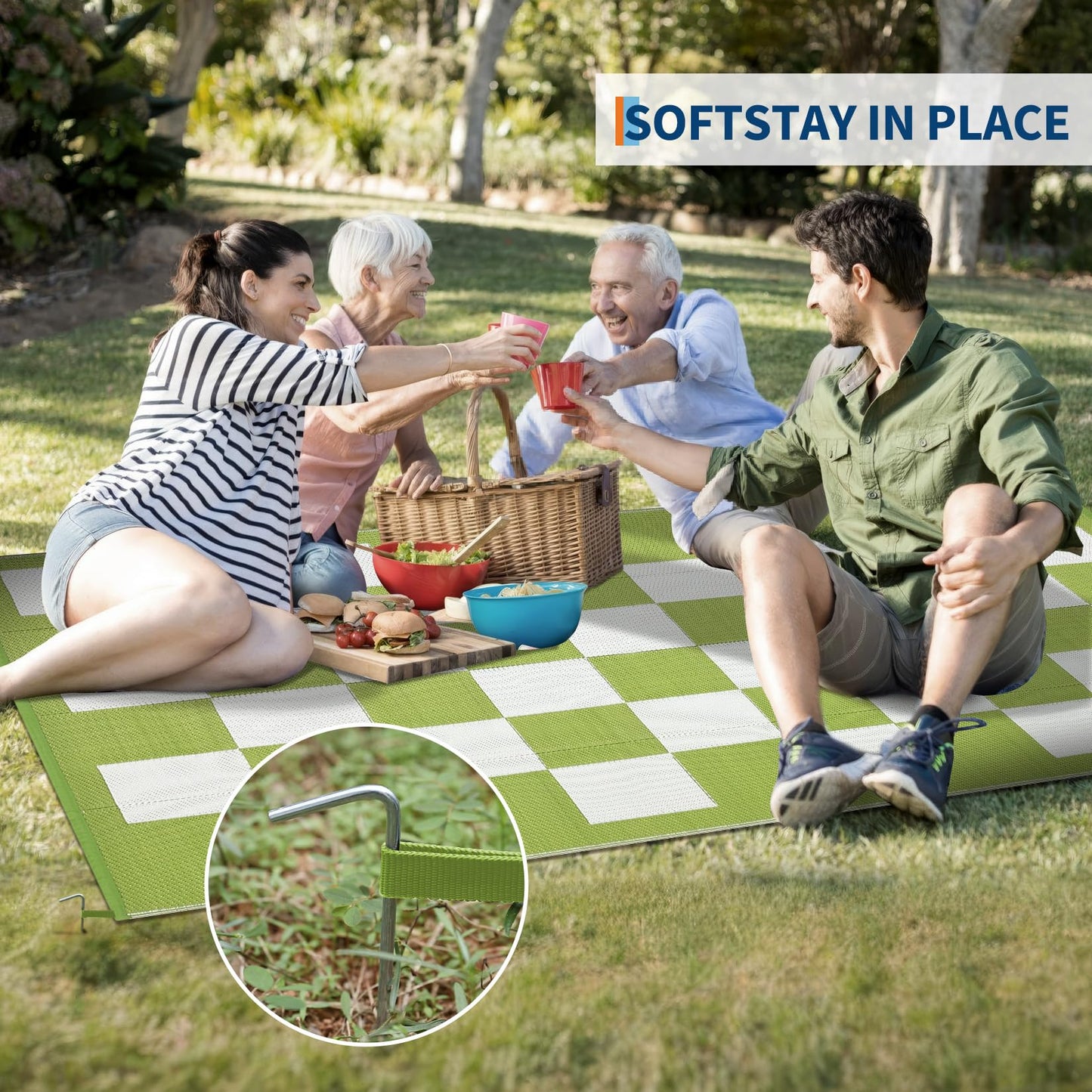 Garvee Outdoor Plastic Straw Rug 9x18 Waterproof UV Resistant Patio Camping Rug Modern Checkered Large Foldable Floor Mat for Camping, Picnic, Backyard, RV, Beach, Picnic, Deck, Green/White