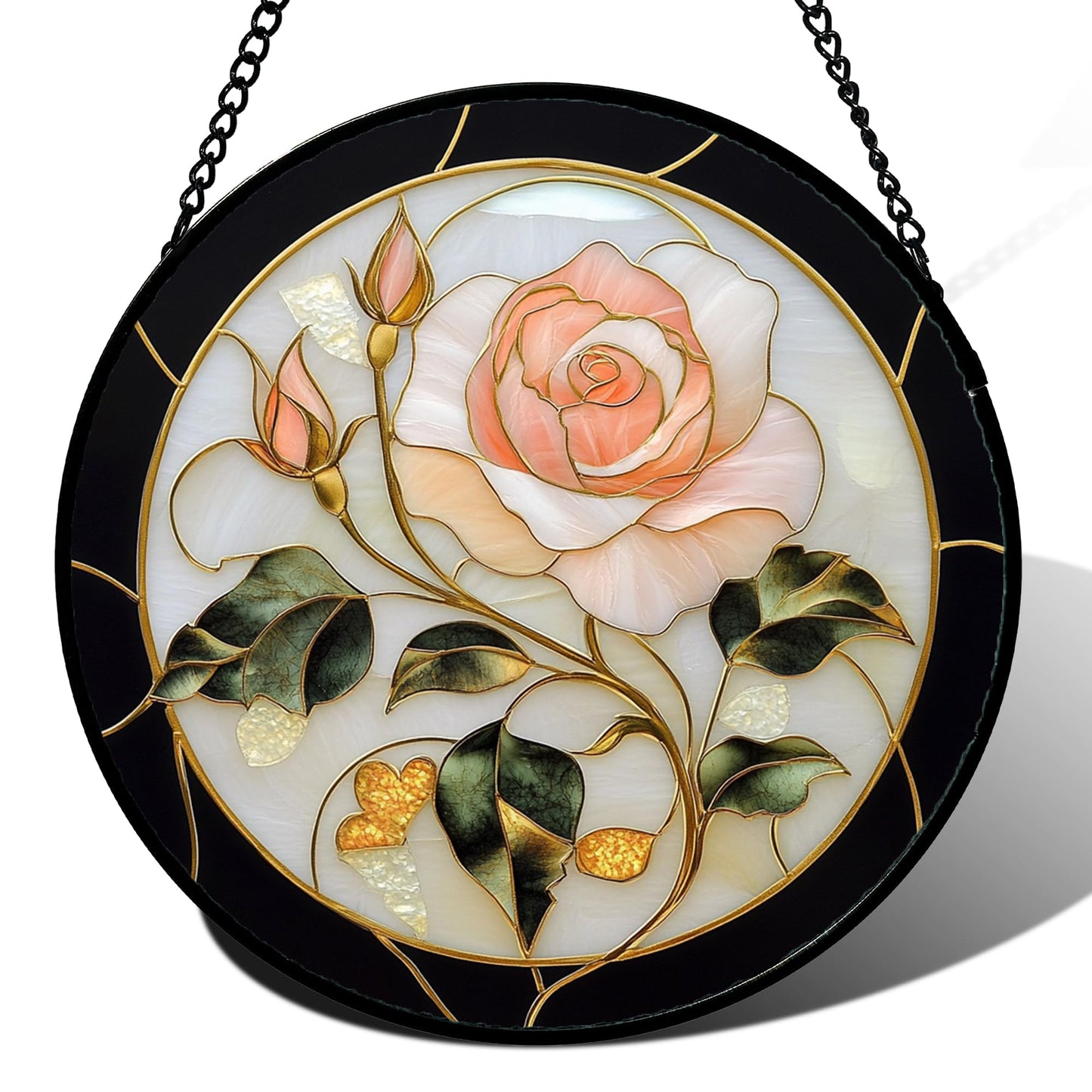 AMDERVEN Stained Glass Window Hanging - Black White Pink Rose Sun Catcher for Door Home Decor Flower Suncatcher Christmas Mother's Day Birthday Gifts for Women Men Lovers Mom Nana 9.8 in
