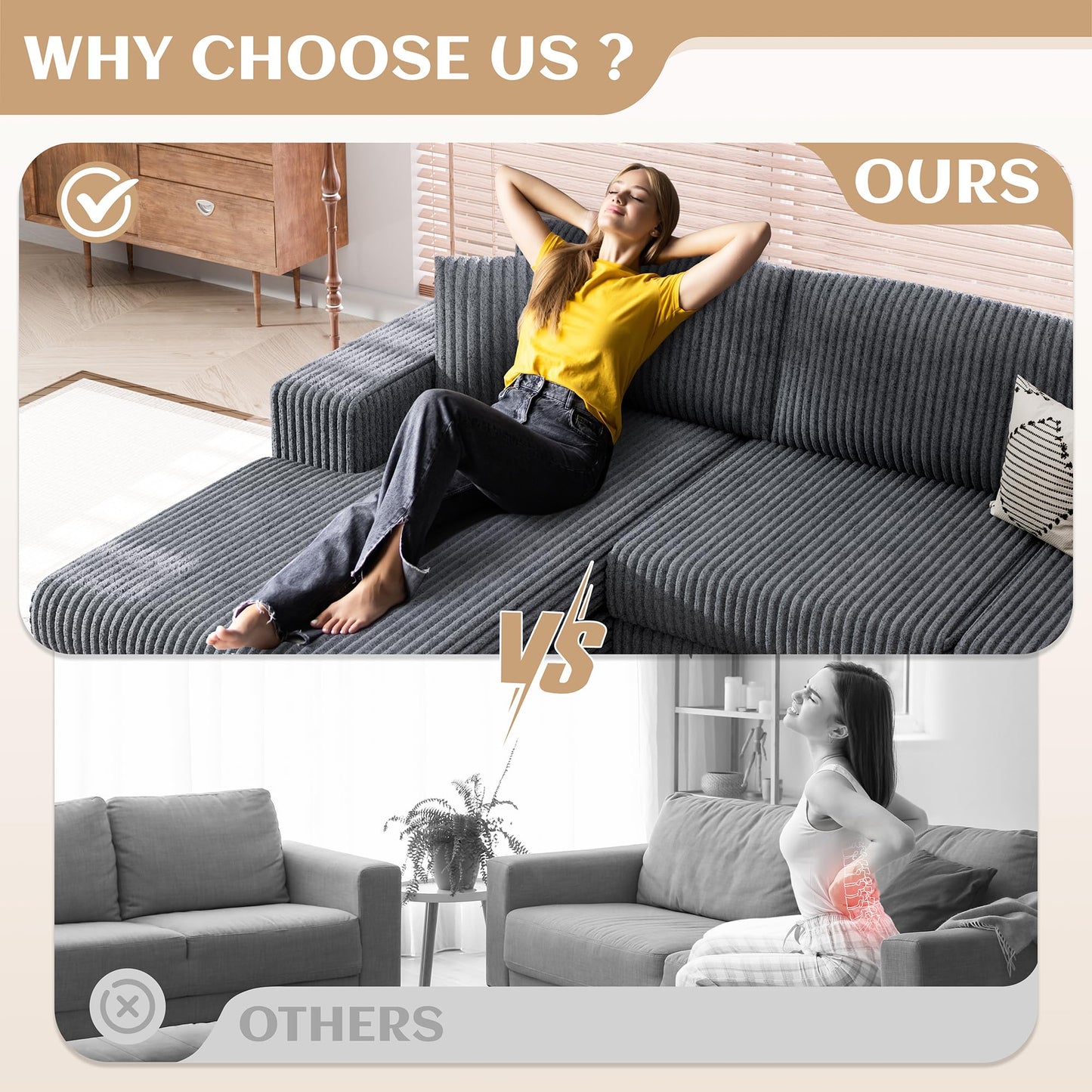 Vongrasig 105" Boneless Couches for Living Room,Sectional Couches Modular Sofa with L-Shaped Chaise, Memory Foam Comfy Cloud Couch with Plush Corduroy Fabric, No Assembly Required, (Dark Grey)