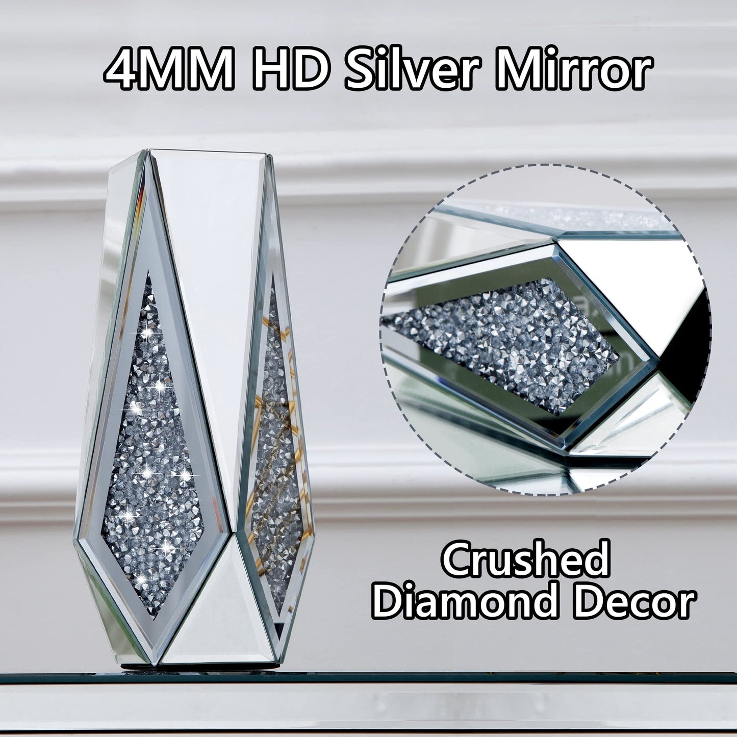 SHYFOY Crushed Diamond Flower Mirror Vase Silver Crystal Glass Vase Mirrored Decorative Flower Vases for Living Room Home Decor, 12" H, Can’t Hold Water