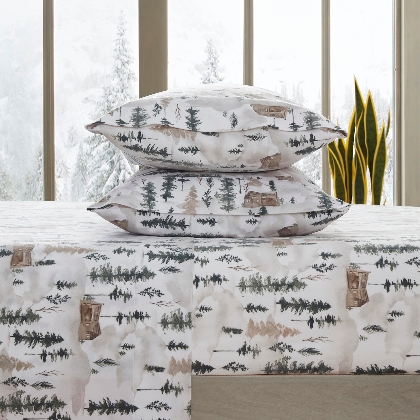 Flannel Sheets Warm and Cozy Deep Pocket Breathable All Season Bedding Set with Fitted, Flat and Pillowcases, Queen, Winter Cabin Lodge