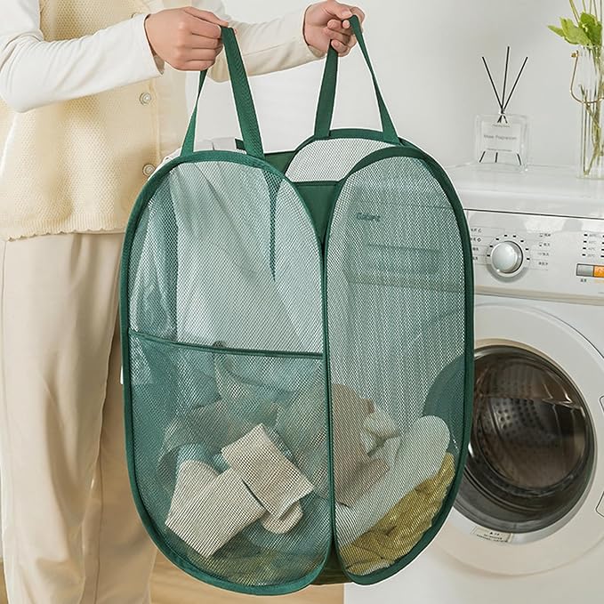 Pop Up Laundry Hamper Thick Mesh Collapsible Laundry Baskets, Large Side Pocket
