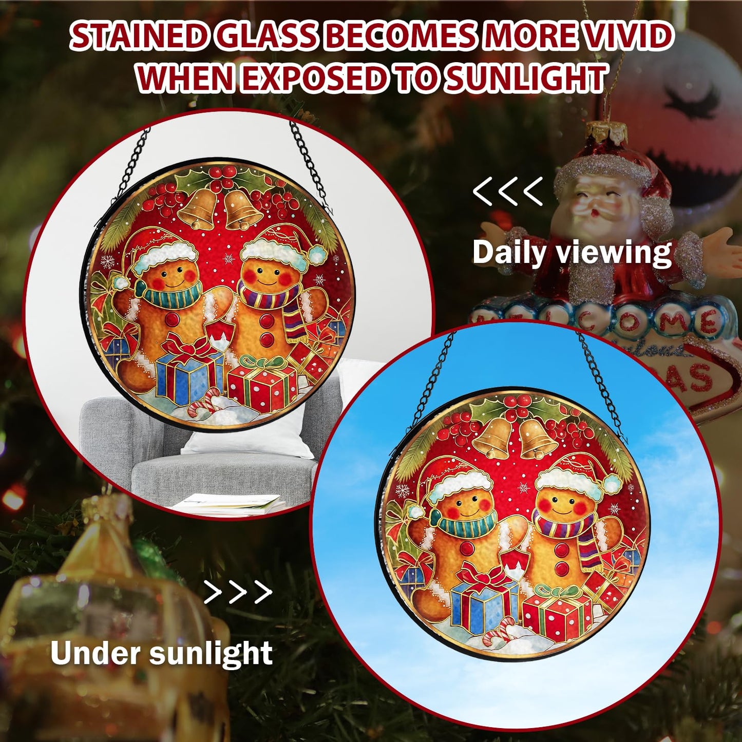 Christmas Decorations Stained Glass Window Hanging, Gingerbread Candy Cane Christmas Suncatcher for Window Hanging, Suncatchers Indoor Windows Wall Art for Mom Grandma, for Home Office 7.87 inches
