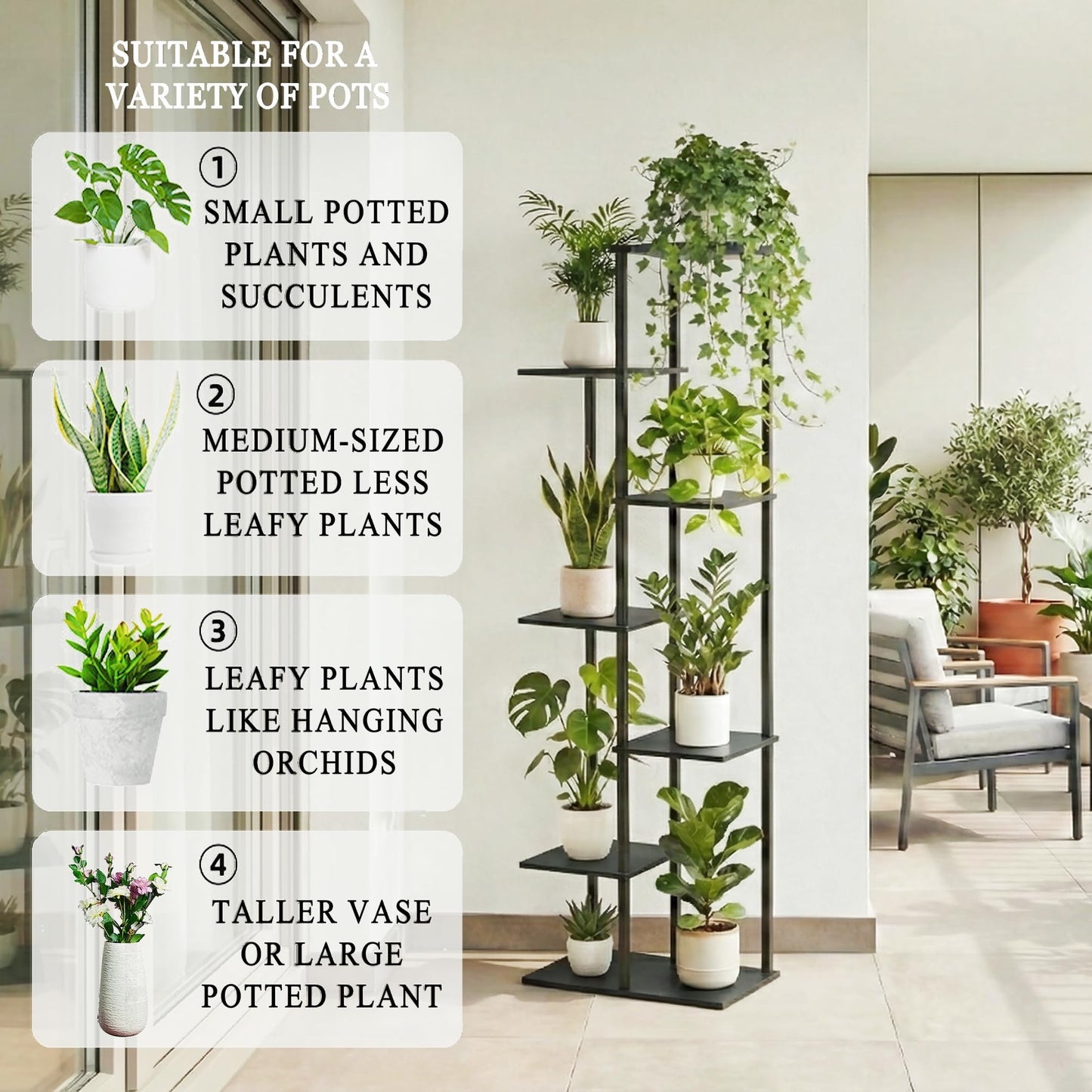 JEPRECO Plant Stand Indoor 7 Tier 8 Potted Metal Wood Plant Shelf, Multiple Flower Pots Corner Tall Plant Holder Stands for Living Room Balcony Bedroom, Black