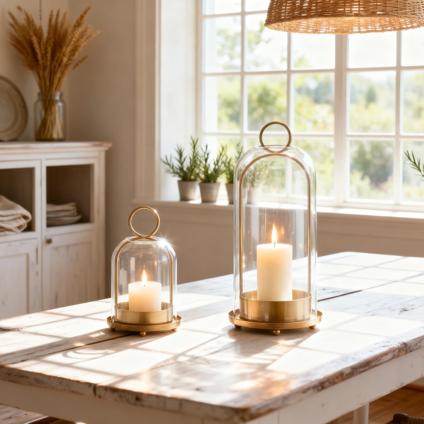 ECLSDL Hurricane Glass Candle Holders for Pillar Candles Set of 2 (5" & 4" Wide), Gold Metal Candlestick Holders, Modern Decorative Centerpiece Lanterns for Table Mantel Wedding Housewarming Gift